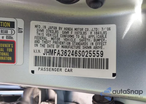2006 Honda Civic Hybrid z USA, uszkodzony, nr VIN JHMFA36246S025559